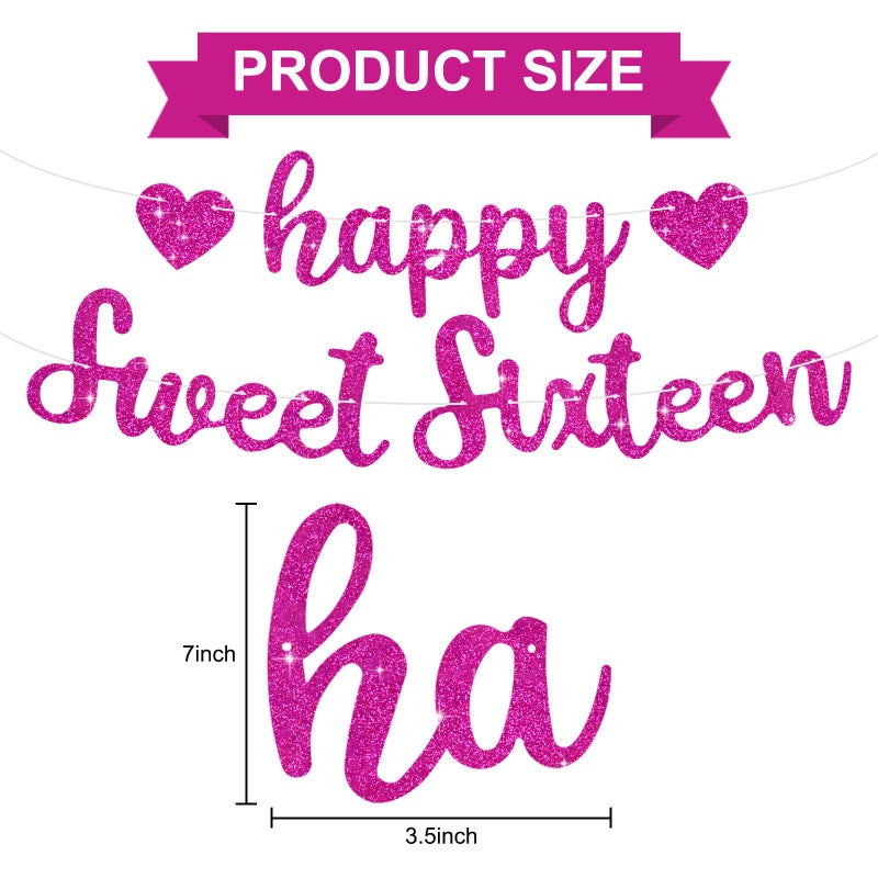 BEISHIDA Rose Red Happy Sweet 16 Birthday Banner, Pre-Strung Glitter Happy 16 Birthday Decoration for Girls,Happy 16th Birthday Sign for Women, Girls - Image 3